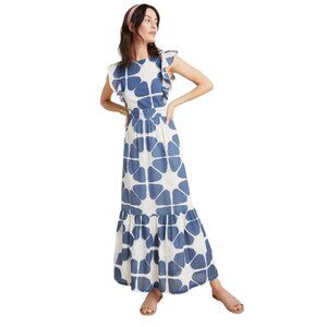 The Odells Seville Maxi Dress Womens Medium Blue White Crew Neck Cotton Belted